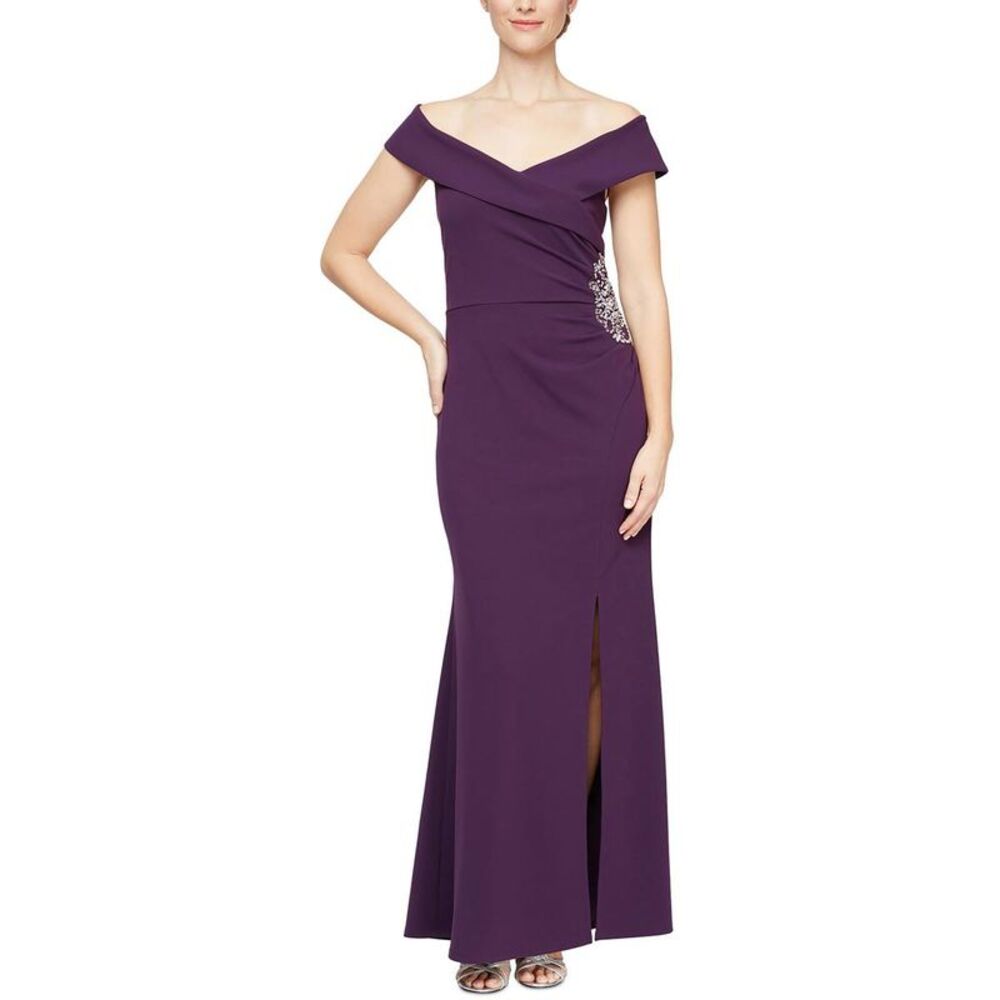 SLNY Womens Purple Sweetheart Gathered Evening Dress Gown NWOT